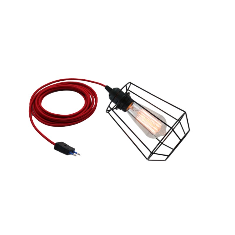 Lampe baladeuse en suspension cable textile rouge 3 fils - www